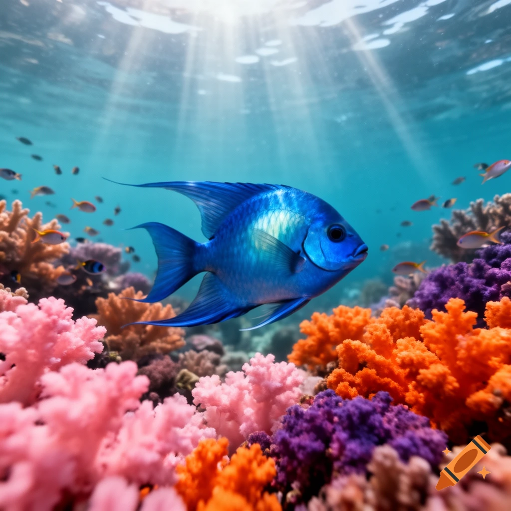 A vibrant blue fish swims among colorful pink, orange, and purple coral in a sunlit underwater reef.