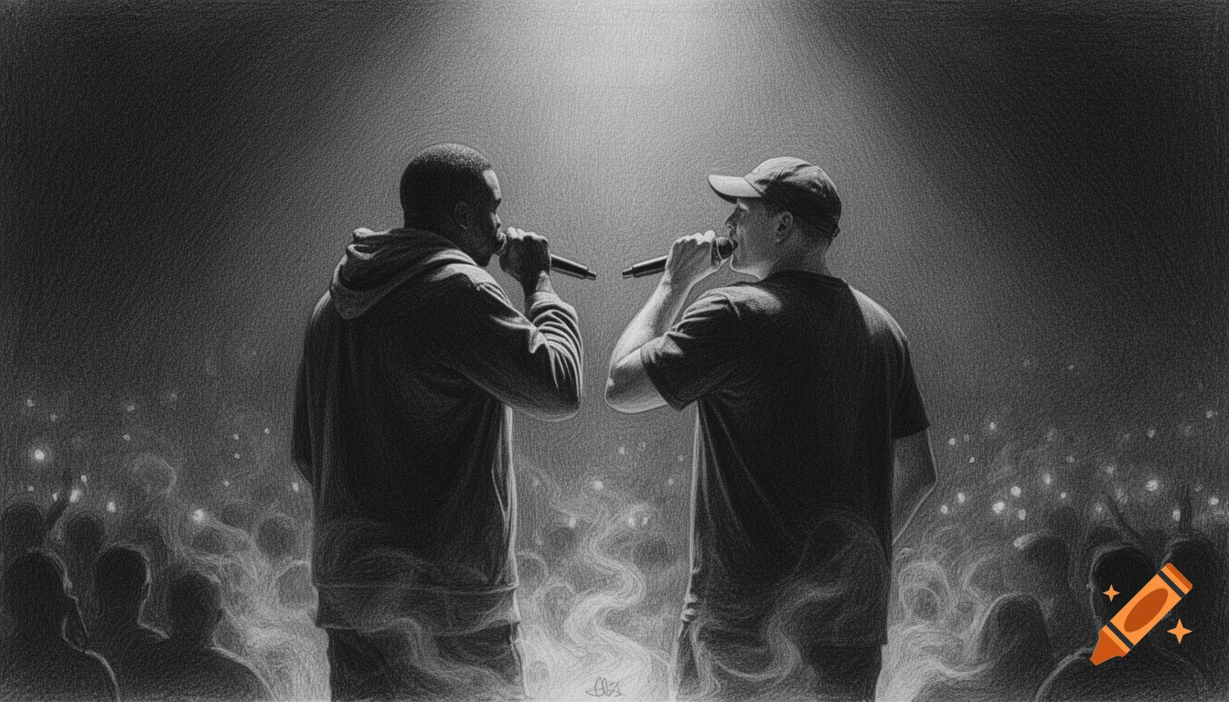 Black and white pencil drawing of two rappers on a stage, seen from behind, holding microphones, with a crowd visible.