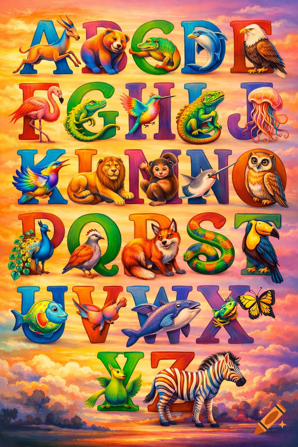 A colorful alphabet poster featuring an animal for each letter from A to Z, set against a vibrant cloudy sky.