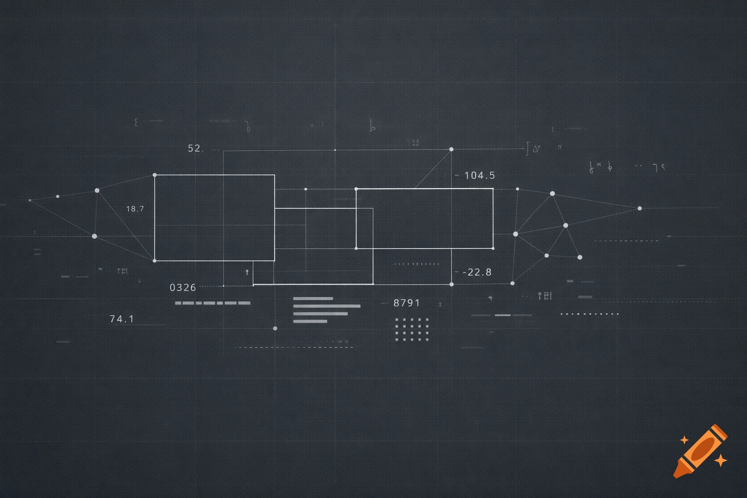 An abstract technical background with geometric shapes, fine lines, nodes, and numbers on a dark grid.