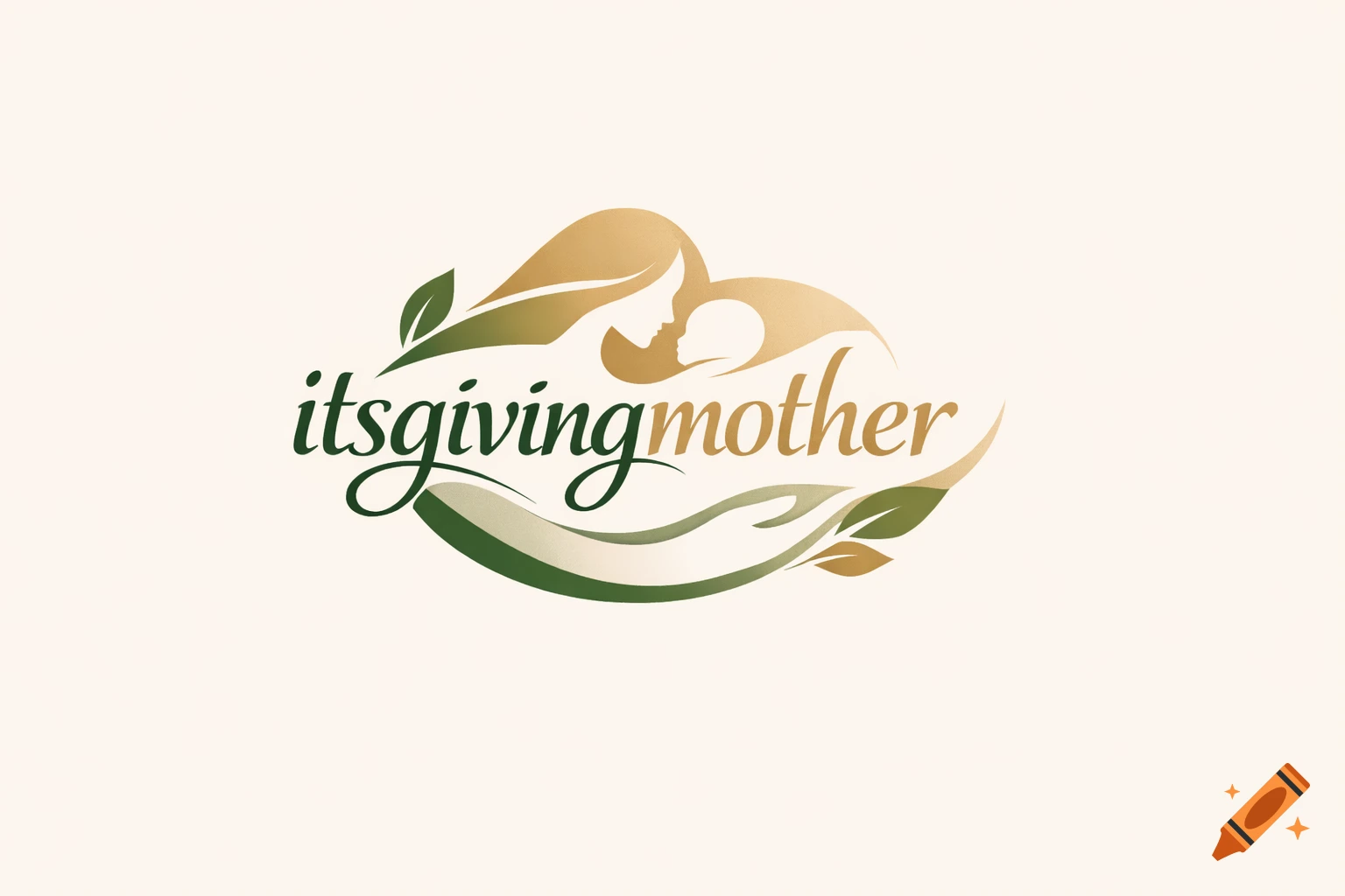 A logo featuring a silhouette of a mother embracing a baby, with leaves and the text 'itsgivingmother' in gold and green.