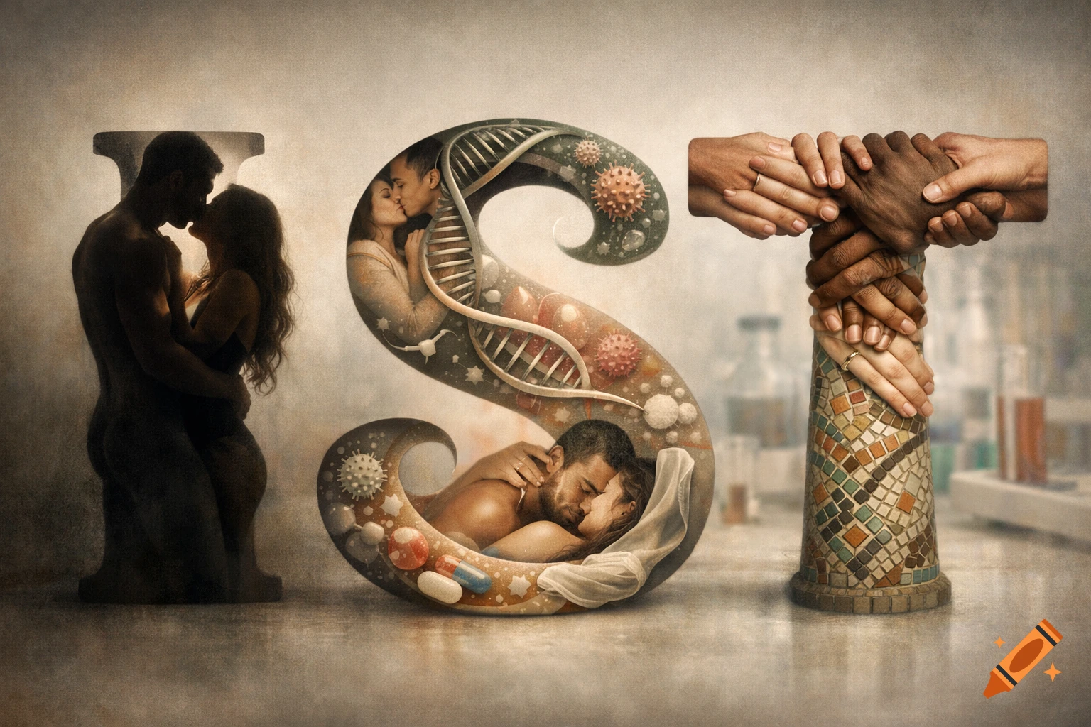 Conceptual art spelling 'IST'. Letter I shows an embracing couple; S features DNA, viruses, kissing couples, and pills; T is formed by diverse intertwined hands. The background suggests a lab.