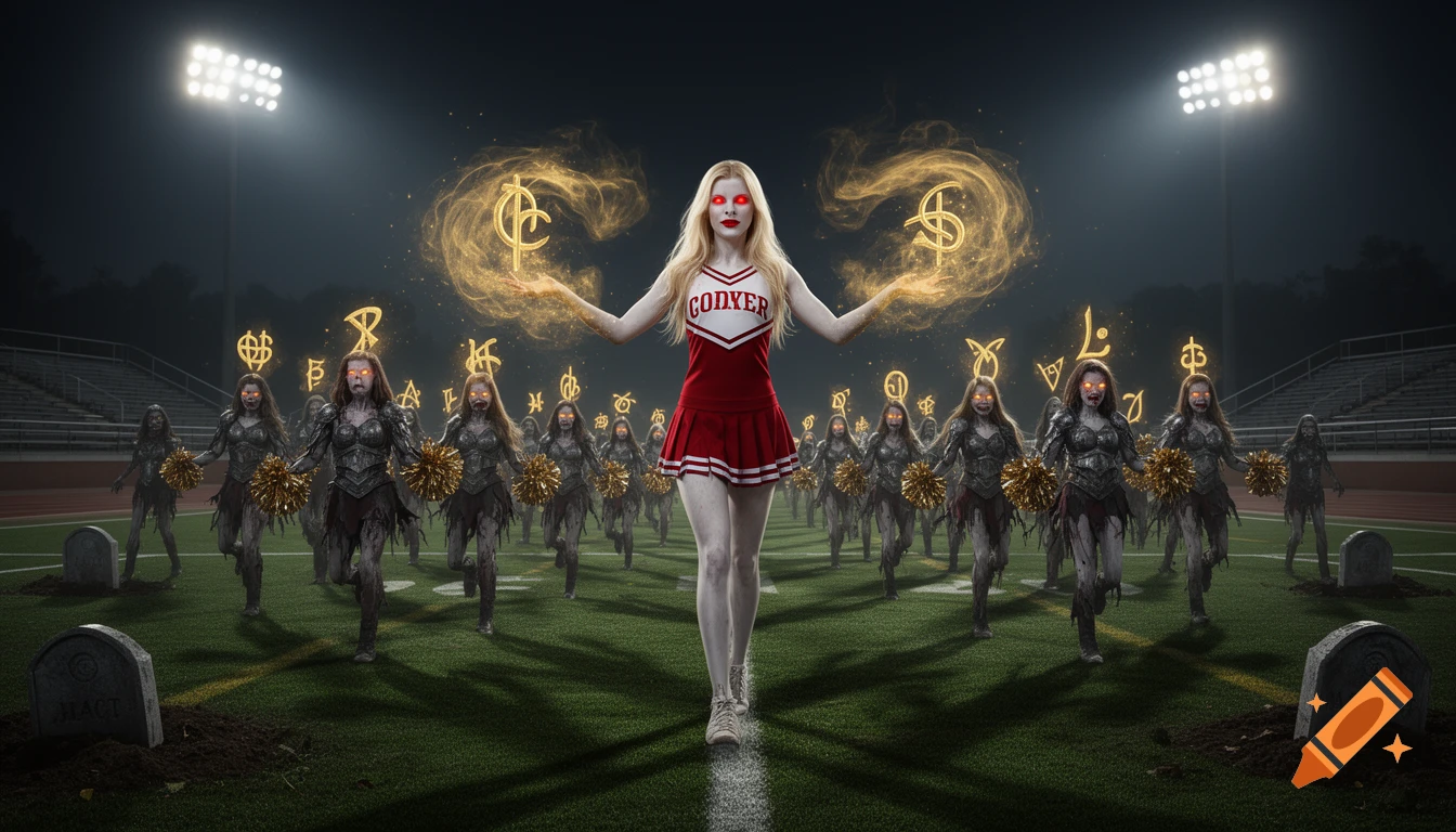 A pale vampire cheerleader with red eyes and a red uniform stands on a football field, flanked by glowing-eyed zombie cheerleaders and gravestones, under stadium lights.