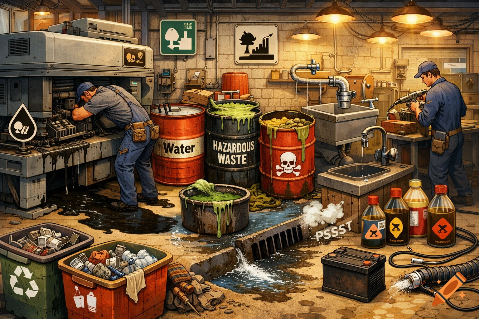 An industrial workshop scene illustrating various environmental hazards, with workers, leaking barrels labeled 'Water' and 'Hazardous Waste', spilled chemicals, and improperly sorted waste in a detailed, semi-realistic style.