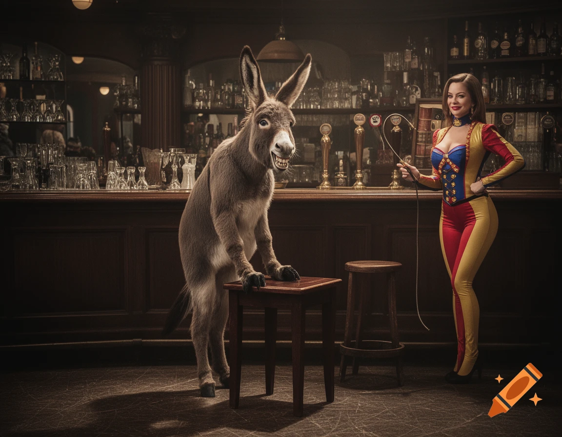 A circus ringmaster with a whip stands by a bar counter, amused as a donkey-man hybrid leans on a small table.
