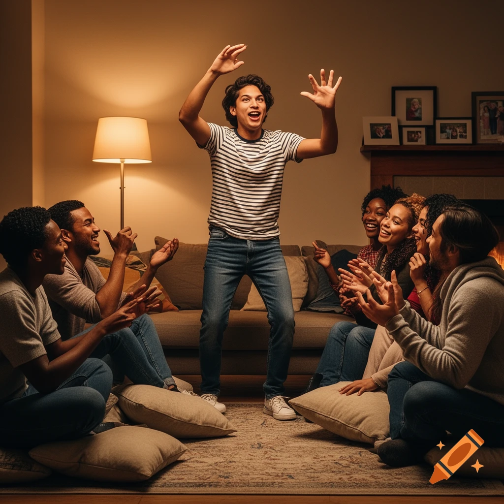 A group of diverse friends playing charades in a cozy living room with warm lighting.