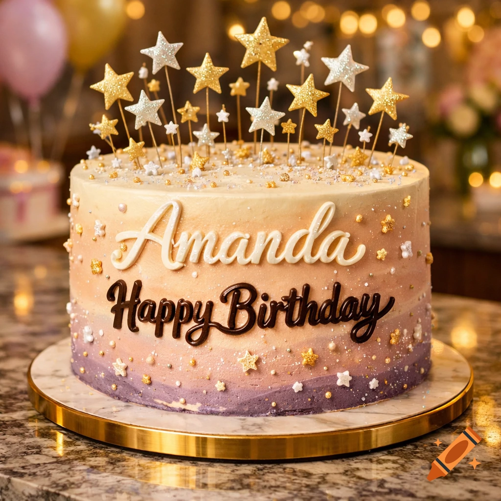 An ombre birthday cake, light orange to purple, decorated with gold and silver stars and sprinkles. It reads 'Amanda Happy Birthday'.