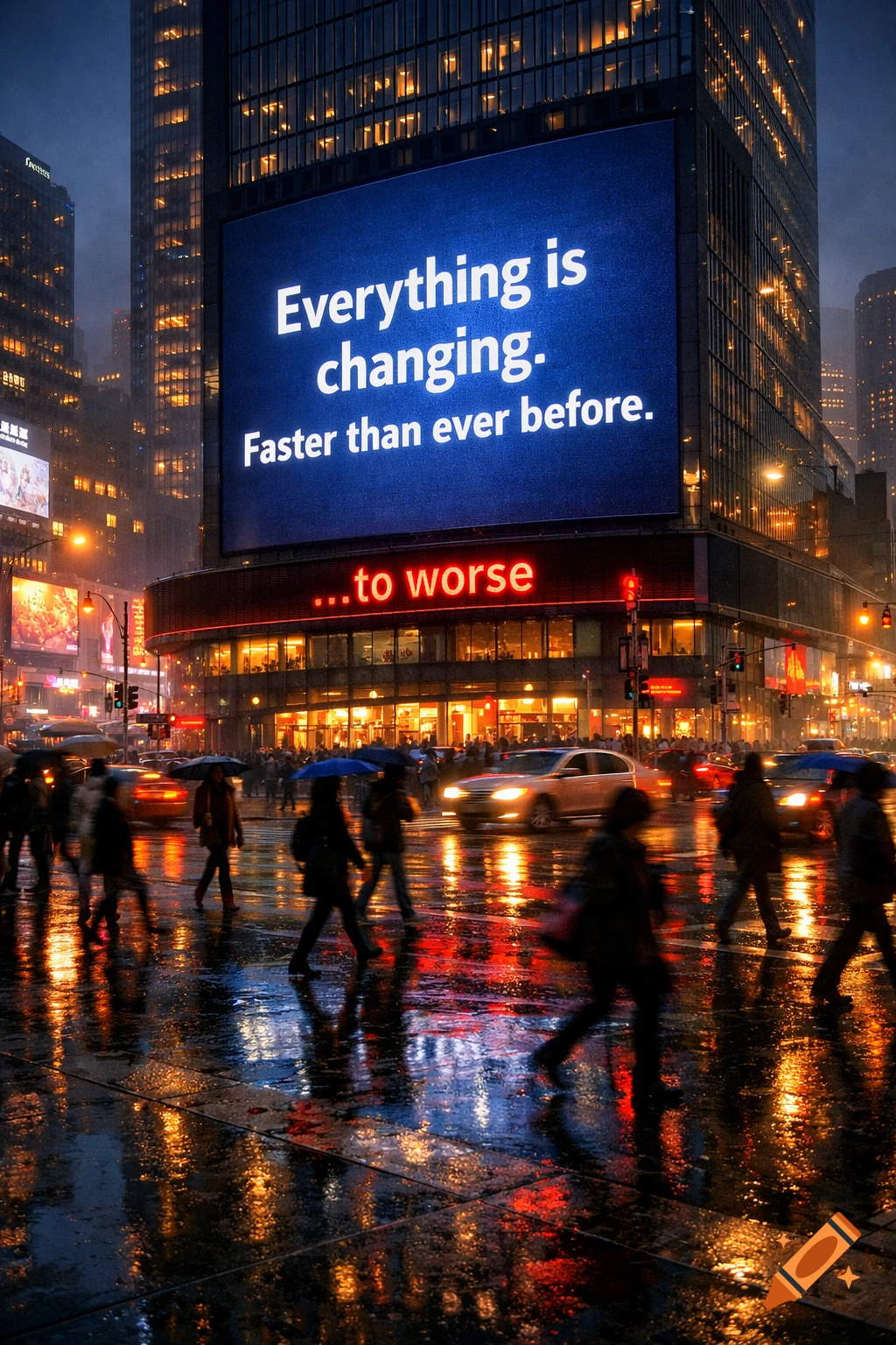 A rainy night city street scene with a large billboard reading 'Everything is changing. Faster than ever before.' and a lower sign saying '...to worse.'