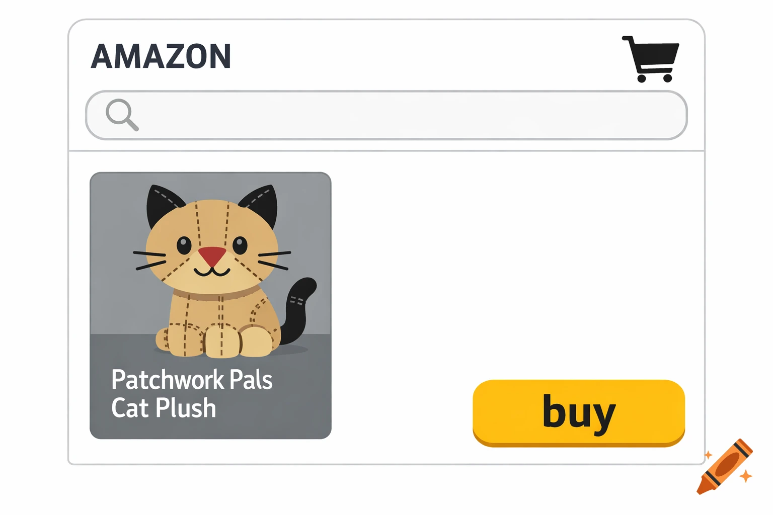 An illustration of an Amazon-like app interface showing a 'Patchwork Pals Cat Plush' product with a 'buy' button.