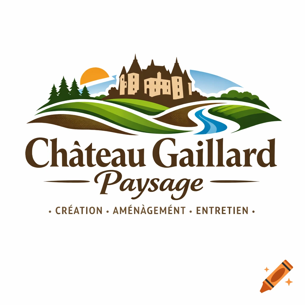 Logo with a brown castle on green hills, pine trees, a blue river, and an orange sun. Text reads: "Ch r éation . Aménagement . Entretien ."