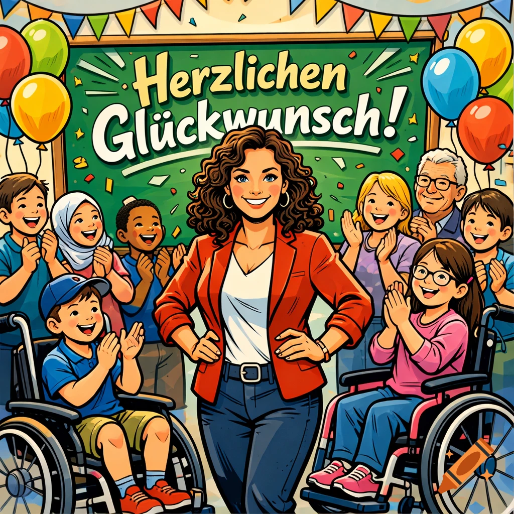 Comic illustration of a diverse group celebrating with a smiling woman in front of a chalkboard saying 'Herzlichen Glückwunsch!'.