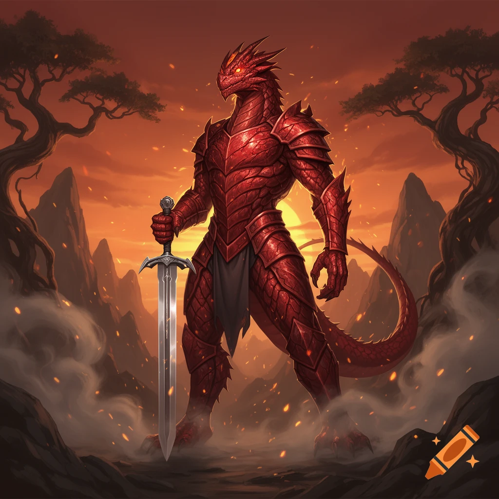 A majestic red dragonborn fighter in intricate red armor holds a large sword, standing against an orange sunset with mountains and trees in a fantasy art style.
