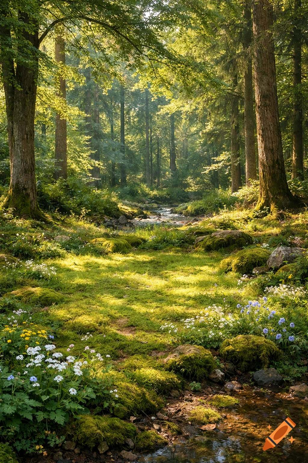 Sunlight streams through a lush green forest, illuminating mossy ground and colorful wildflowers beside a winding stream.