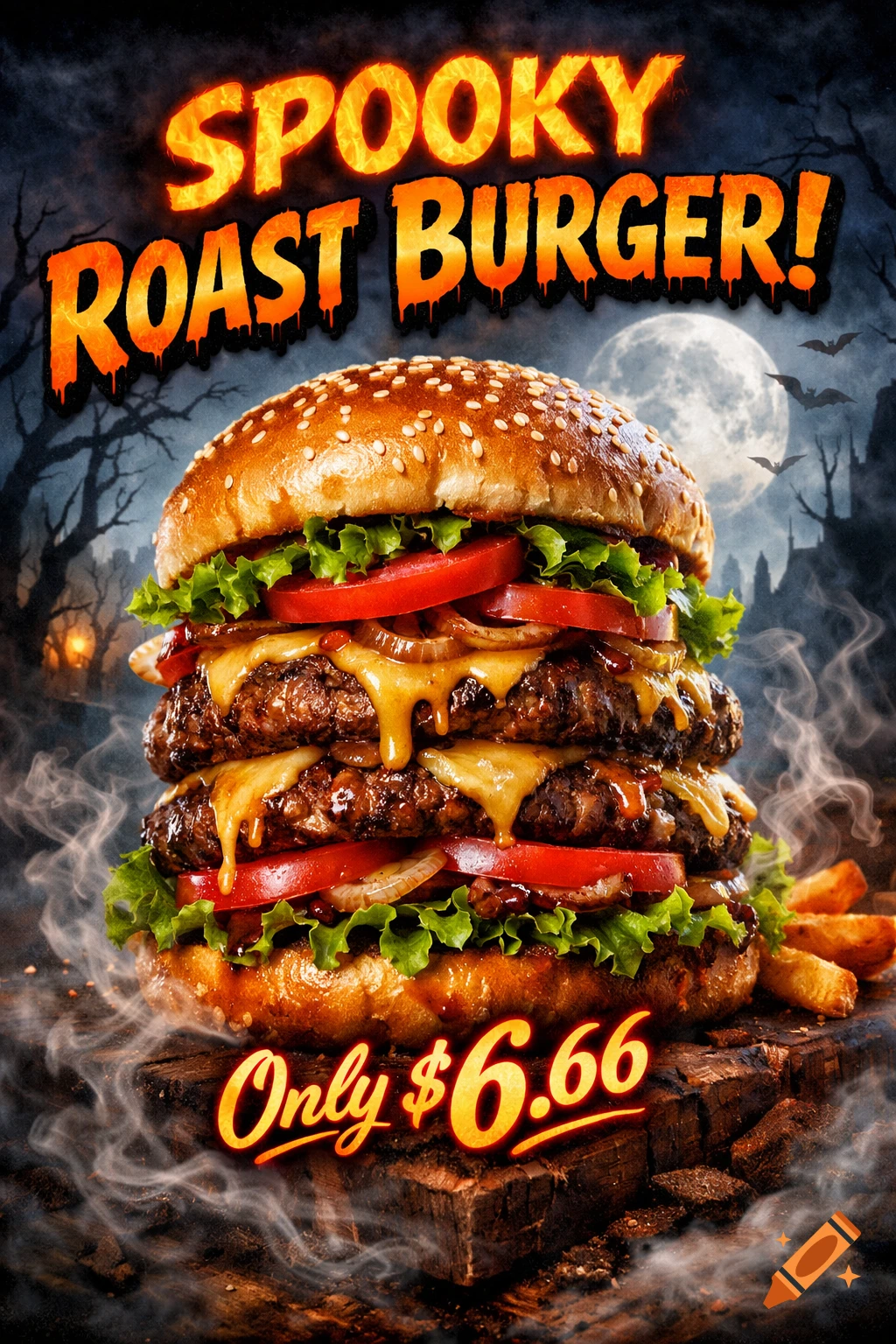 A photorealistic triple cheeseburger with melting cheese, lettuce, and tomatoes, set against a spooky Halloween night background. Text reads: "SPOOKY ROAST BURGER! Only $6.66"