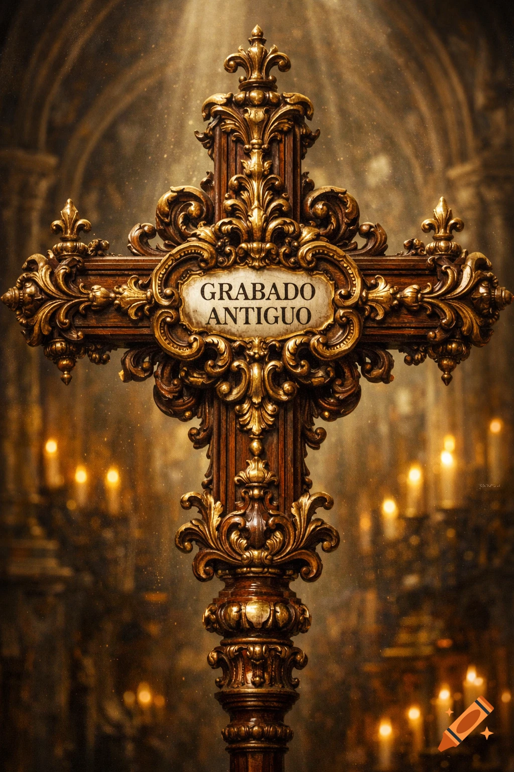 An ornate gold and wooden baroque cross with the text "GRABADO ANTIGUO" (Ancient Engraving) in a candlelit church.