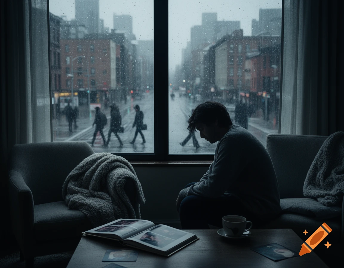 A lonely person sits by a window on a rainy day, looking at a blurry city street, with an open book and a cup on a table.