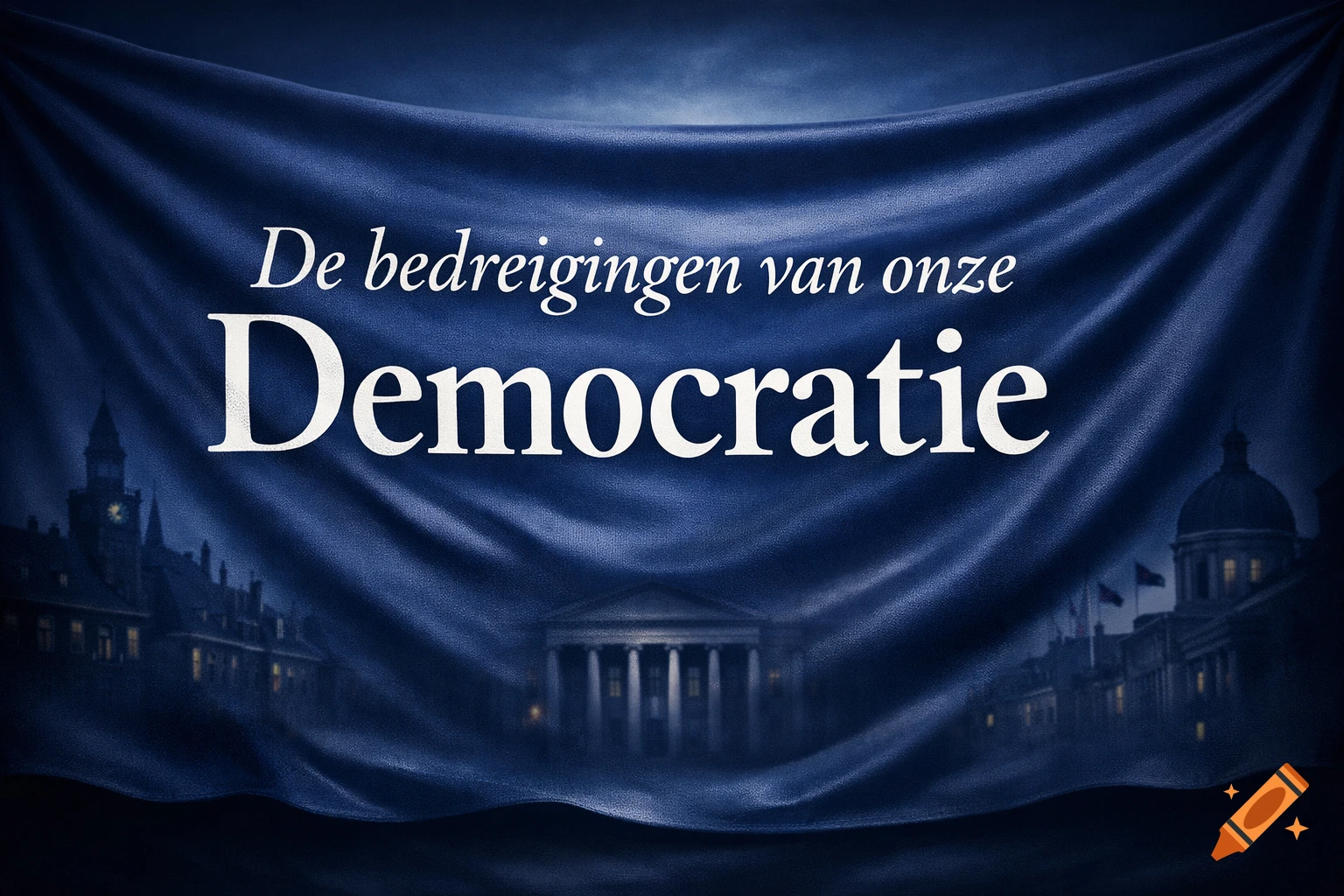 A dark blue banner with 'De bedreigingen van onze Democratie' in white text, hanging over dark government buildings at night.