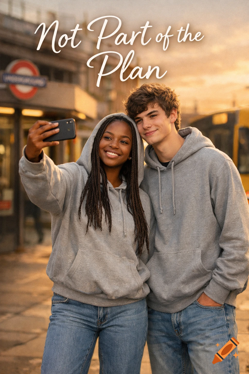 A smiling Black girl and a white boy in grey hoodies take a selfie in an urban British setting at sunset, photorealistic style.