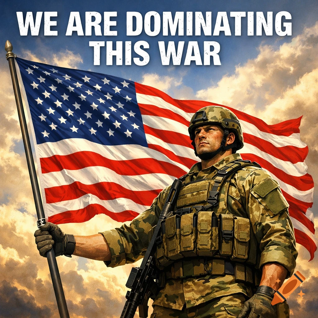 A soldier in camouflage holds a large American flag under a dramatic sky, with text saying 'WE ARE DOMINATING THIS WAR'.