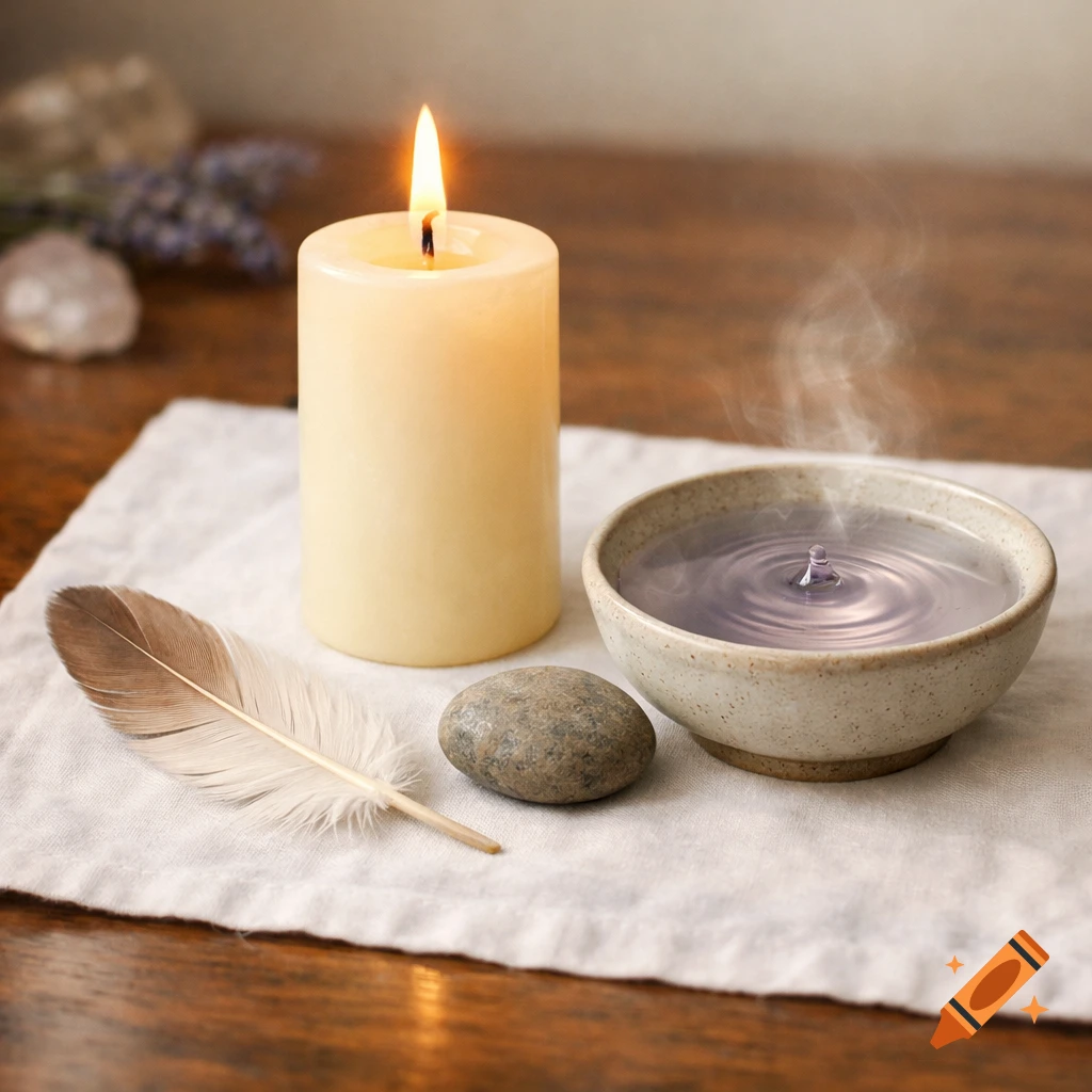 A lit candle, a feather, a smooth stone, and a steaming bowl with rippled water sit on a white cloth on a wooden table.