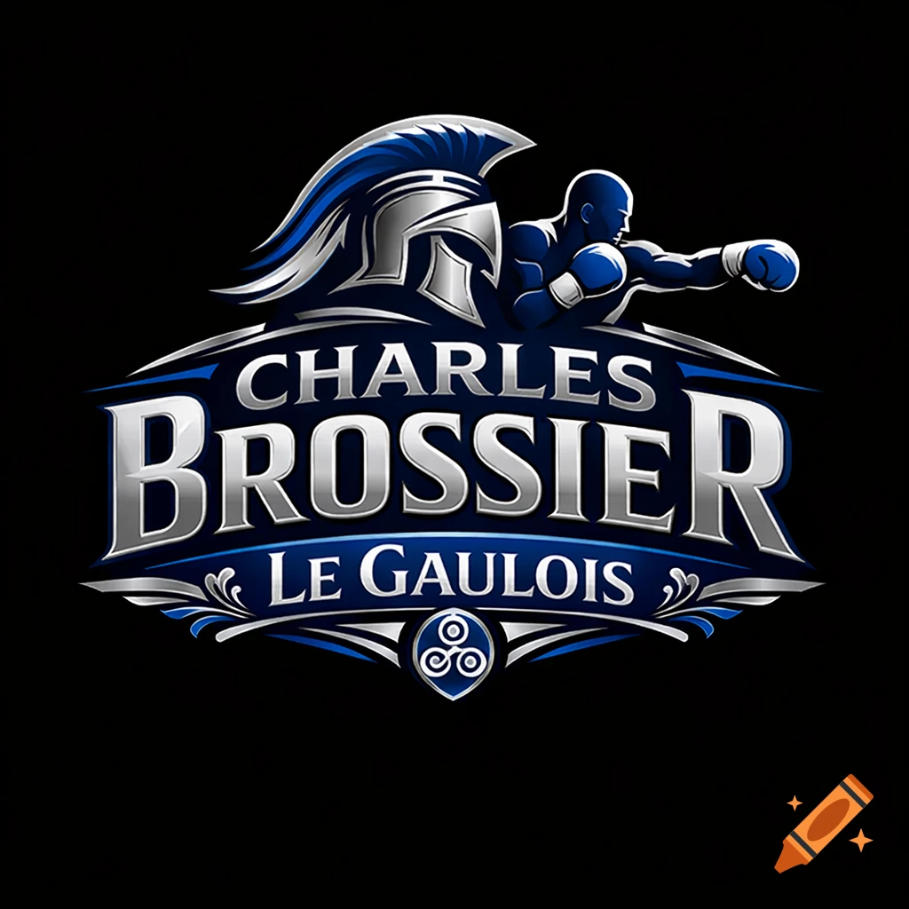Blue and silver boxing logo with a Spartan helmet, a boxer, and text 'CHARLES BROSSIER LE GAULOIS' on a black background.