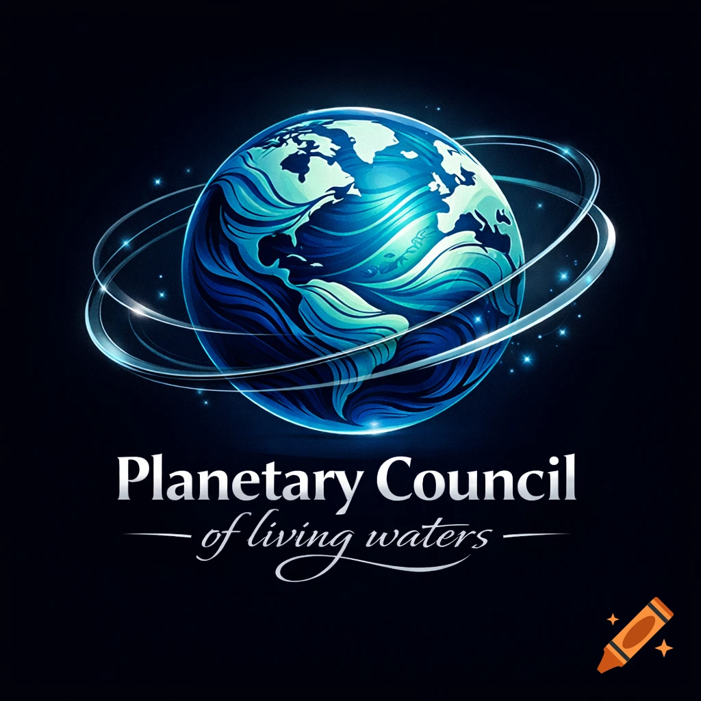 Logo with a stylized blue and green Earth surrounded by glowing rings and the text "Planetary Council of living waters".