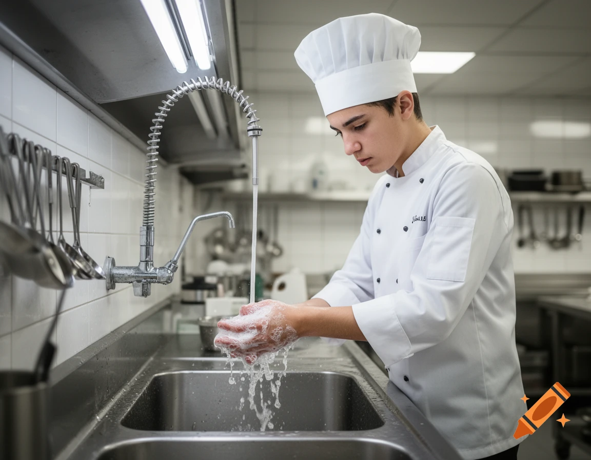 A young chef in a white uniform washes their hands with soap and water in a stainless steel industrial kitchen sink.