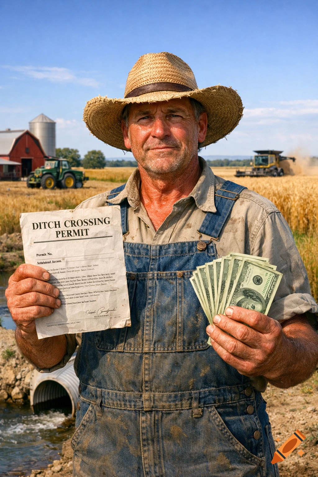 A farmer in overalls and a straw hat stands in a field, holding a "Ditch Crossing Permit" and a fan of $100 bills.