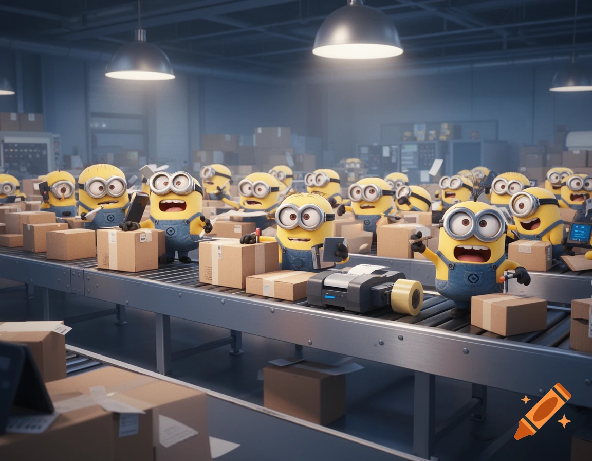 Minions package brown boxes on a factory conveyor belt in a 3D animated style.