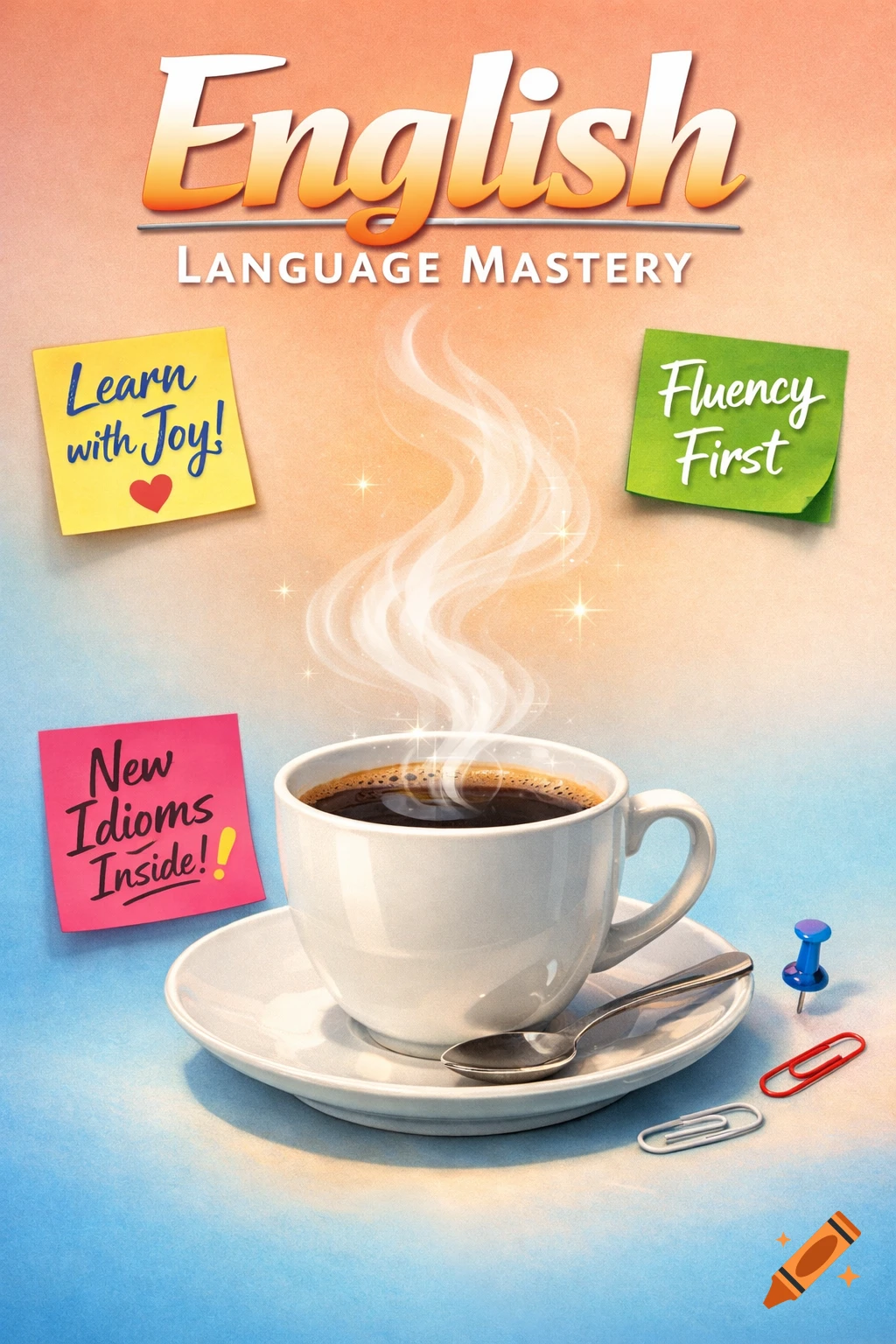 Illustrative cover design for English Language Mastery, featuring a steaming coffee cup, sticky notes with learning phrases, and office supplies.