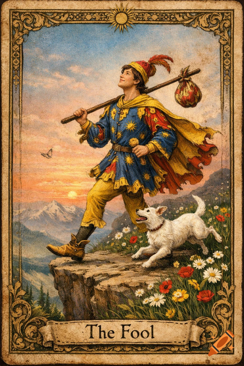 The Fool tarot card illustration: a jester-like man with a satchel and white dog walks cheerfully on a cliff at sunset.