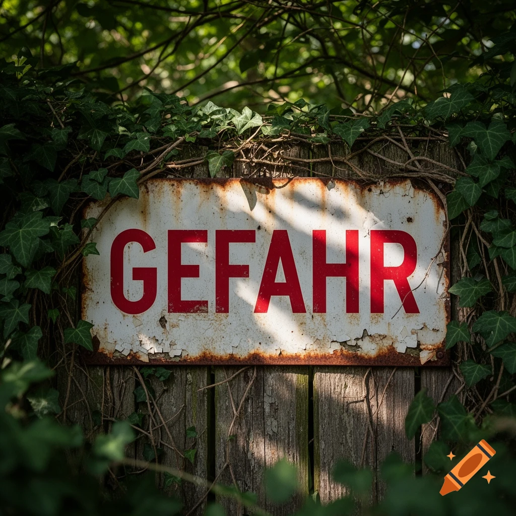 Photorealistic image of a rusty white sign with red text 'GEFAHR' (Danger) on a wooden fence, surrounded by green ivy.