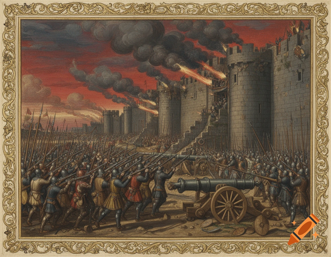 Medieval manuscript painting of a castle siege with soldiers, cannons, and early firearms, against a fiery, smoke-filled sky.