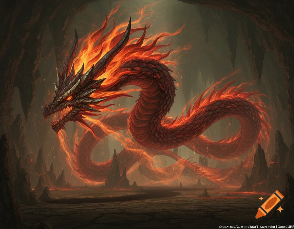 A fiery red dragon with glowing eyes coils within a dark, rocky cave ...