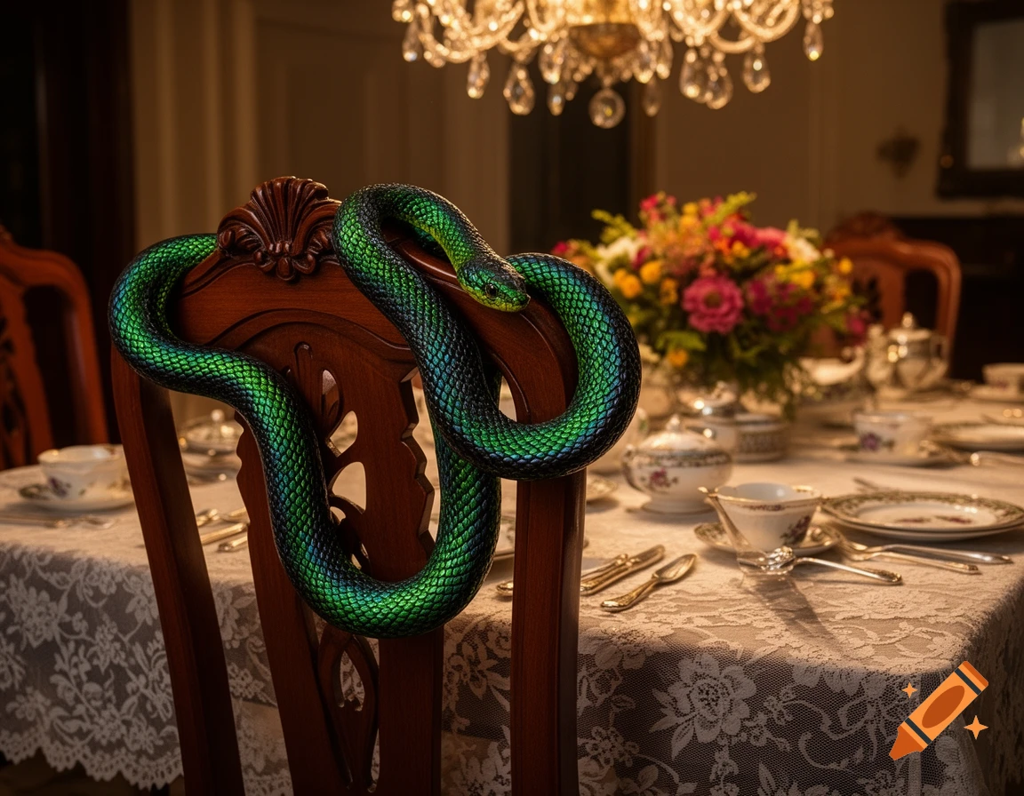 A vibrant green snake with iridescent scales coiled around a wooden chair at a formally set dining table, photorealistic.