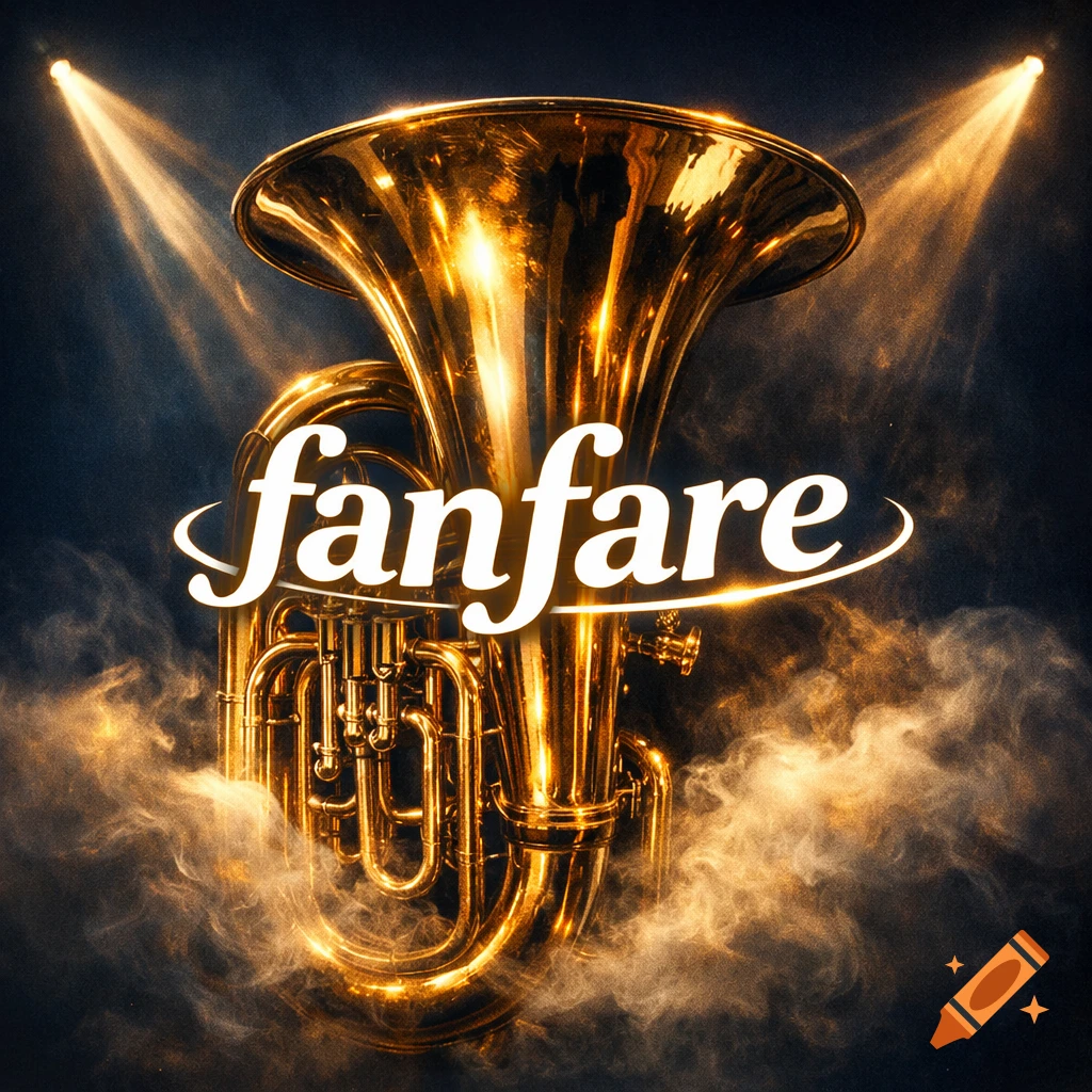 A golden tuba illuminated by spotlights and surrounded by smoke, with the word 'fanfare' in white script across the center, styled as an album cover.