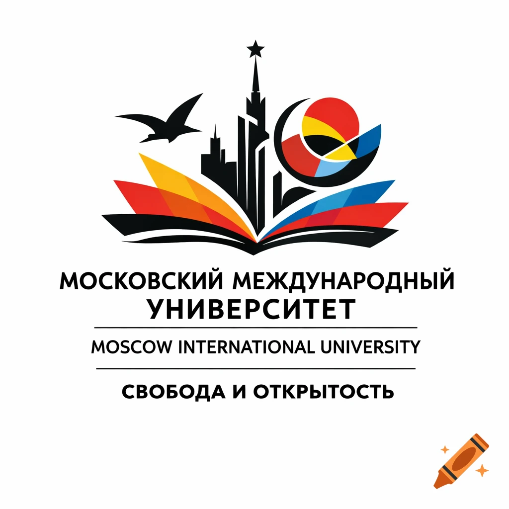 Logo for Moscow International University with an open book, city skyline, star, bird, and colorful abstract shapes.