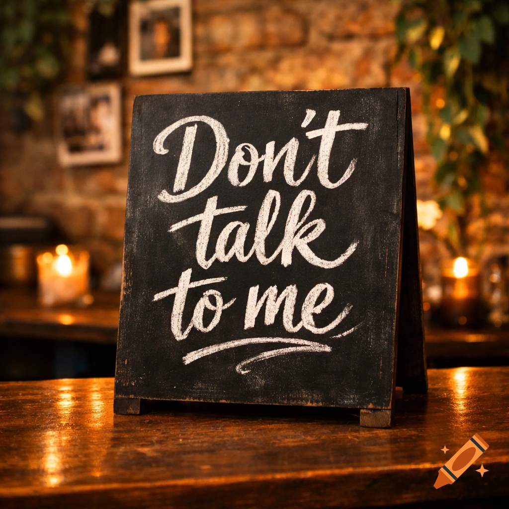 Chalkboard sign on a wooden bar counter in a dimly lit setting reads 'Don't talk to me'.