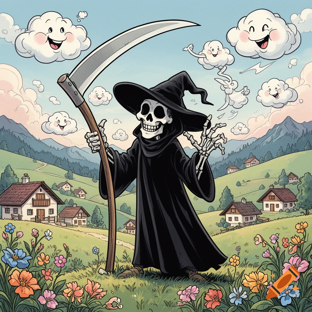A friendly cartoon Grim Reaper in a black robe holds a scythe in a vibrant, flowery meadow with smiling clouds and houses in the background.
