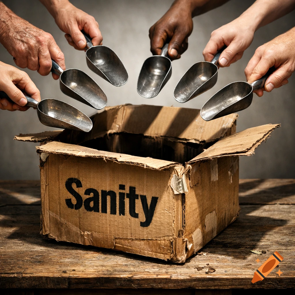 Multiple hands with metal scoops reaching into an open cardboard box labeled 'Sanity' on a rustic wooden table, photorealistic.