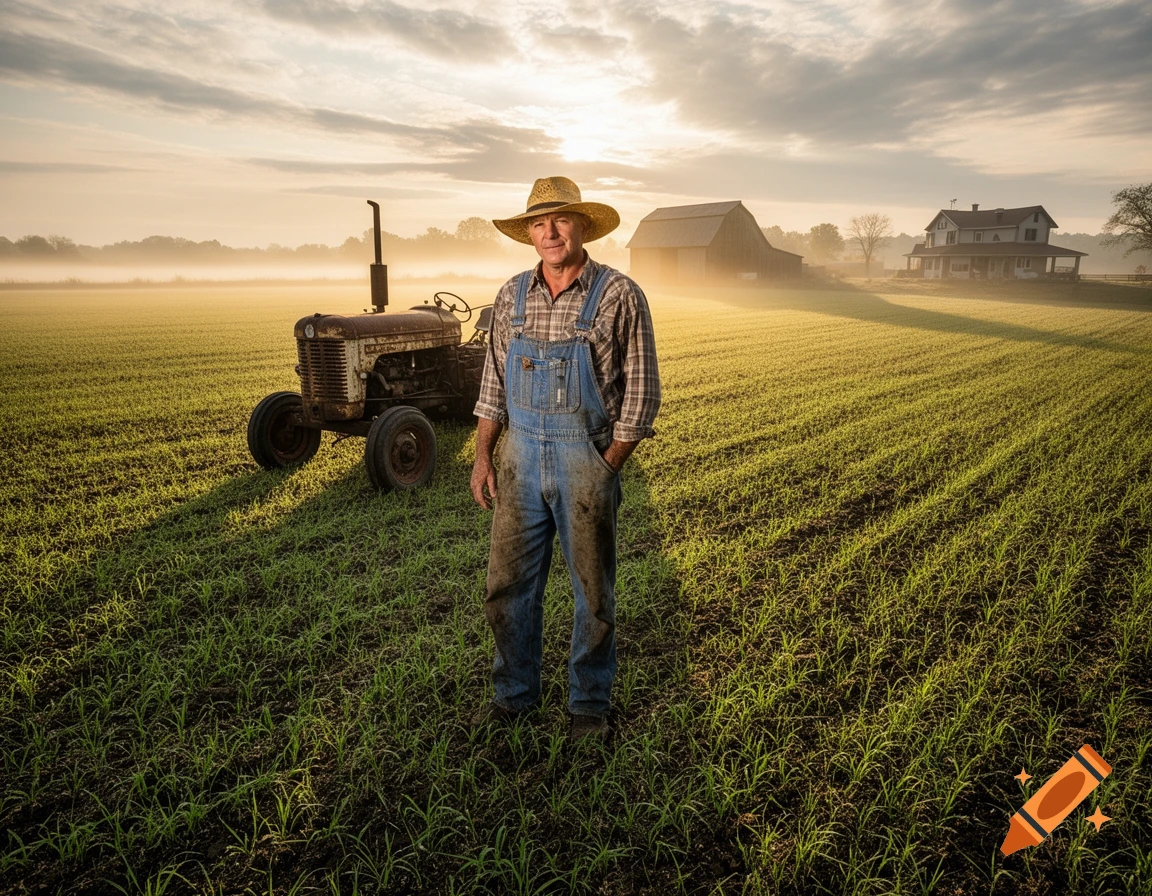 A smiling farmer in overalls and a straw hat stands in a green field with a vintage tractor under a misty golden sunrise.