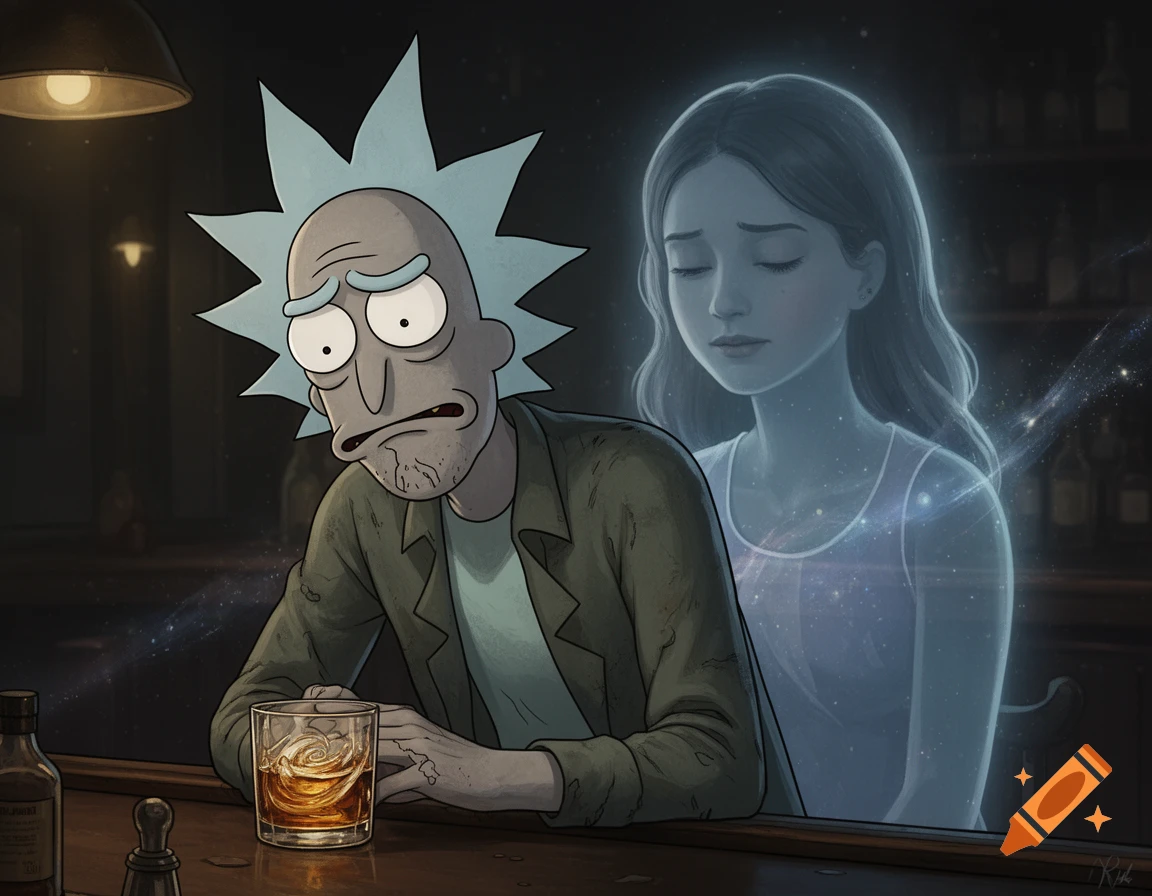 Rick Sanchez sits glumly at a bar, clutching a glass of whiskey, while a translucent, sad-faced ghost of a woman floats behind him.