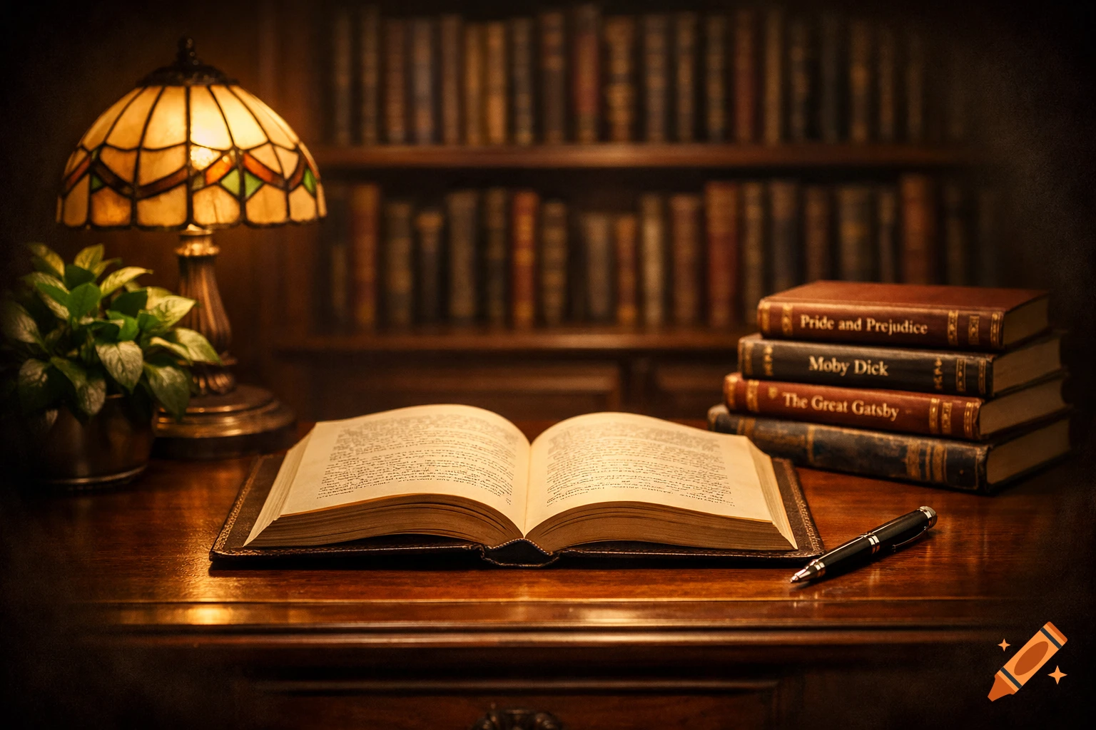A vintage study desk with an open book, stacked classic novels, a ...