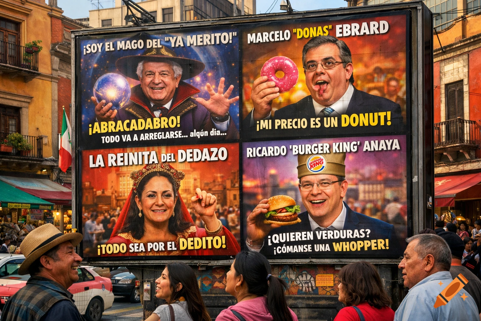 A large street billboard featuring four Mexican political memes. People walk past the billboard on a vibrant street.