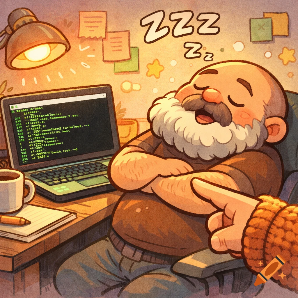 Chubby, bald, bearded cartoon man sleeping at a desk with a laptop displaying green text. A hand pokes him from off-screen, with 'ZZZ' floating overhead.
