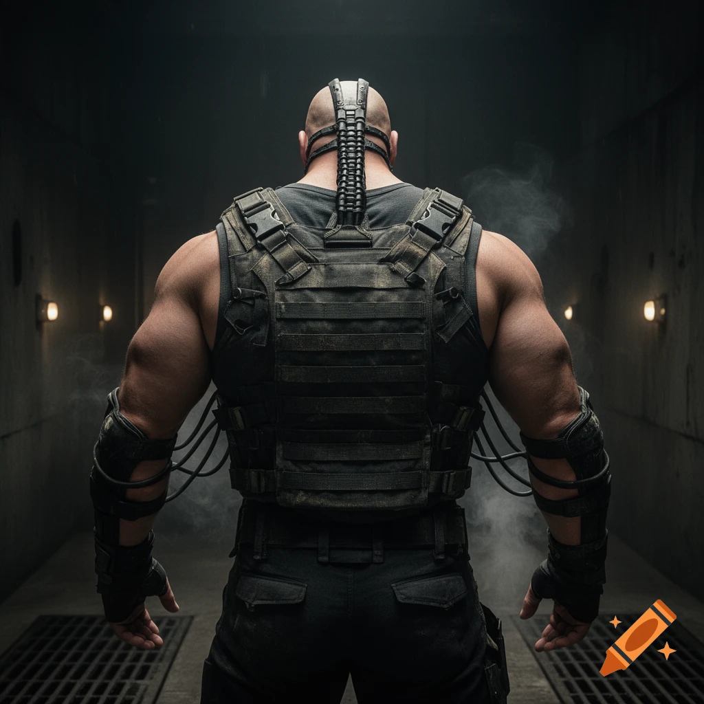Muscular man with a bald head and a breathing apparatus on his back, wearing a tactical vest, stands in a dark concrete tunnel.