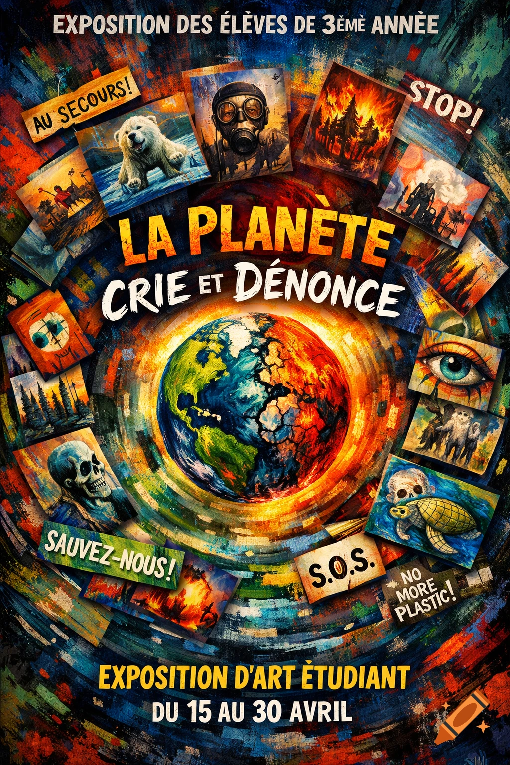 A vibrant, artistic poster for a student environmental art exhibition, featuring a cracked earth at its center surrounded by images of melting ice, a polar bear, a gas mask, burning forests, a skull, and an eye, with French text slogans about the planet crying out.