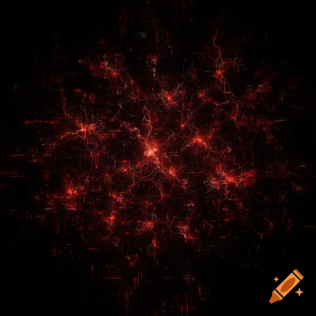 Abstract red electrical current-like lines and glowing dots against a ...