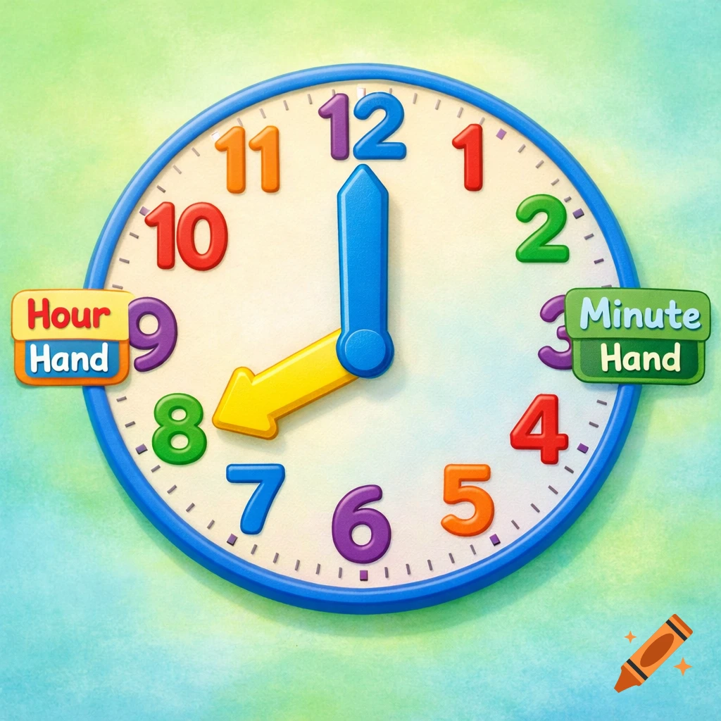 Colorful cartoon analog clock with labeled hour and minute hands, showing 8 o'clock, against a green background.
