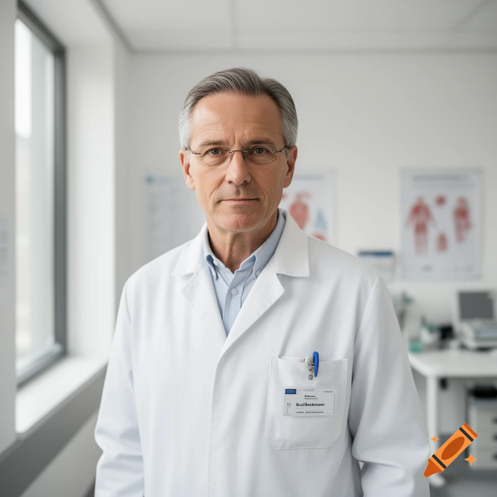 A serious older male doctor in a white lab coat and glasses stands in a brightly lit clinic.